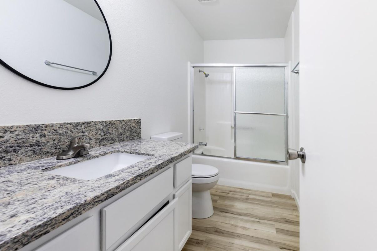 Bathroom, Glass Shower, Interior, Wood Texture Flooring