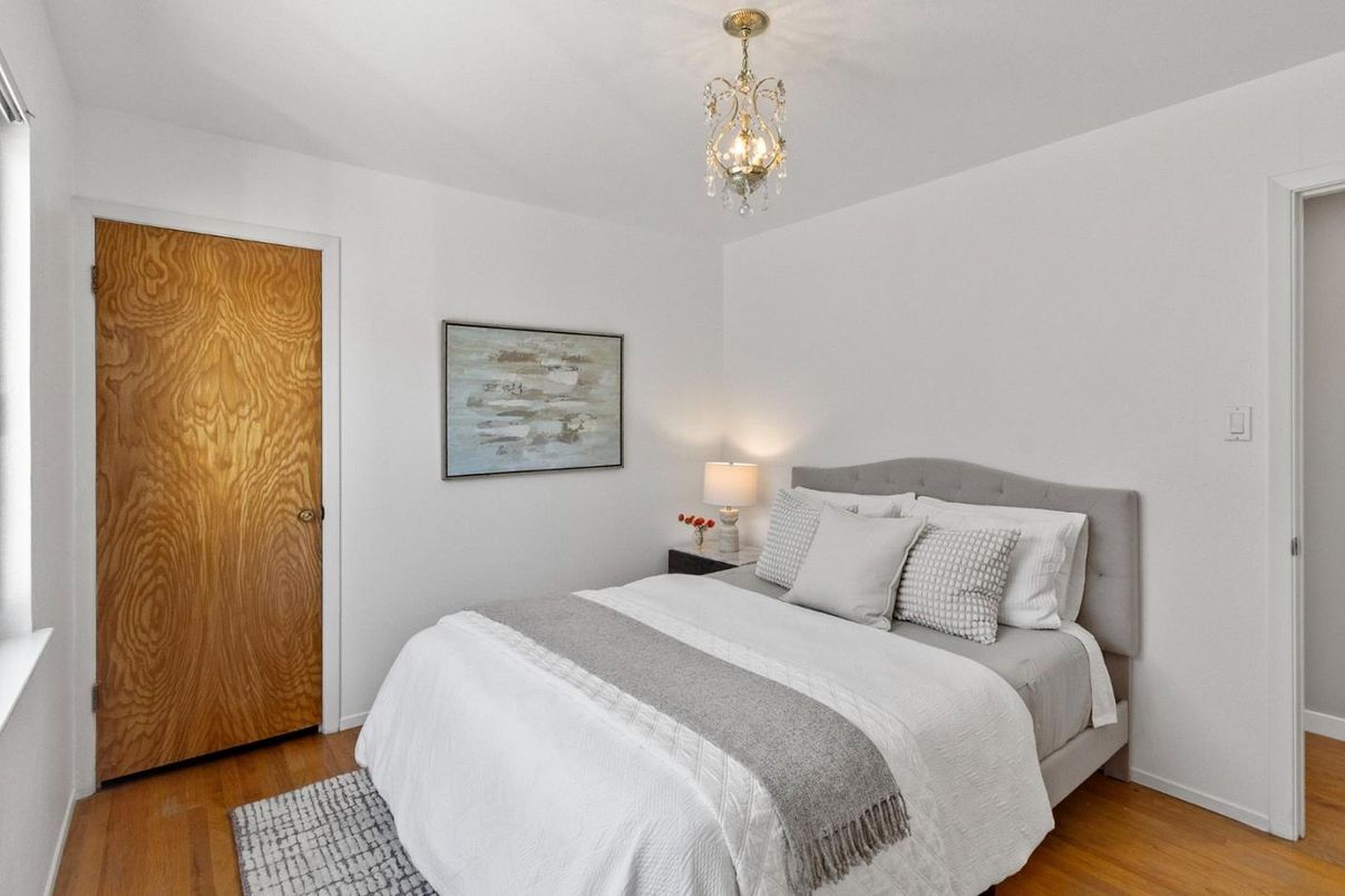 Bedroom, Chandelier, Interior, Wood Texture Flooring