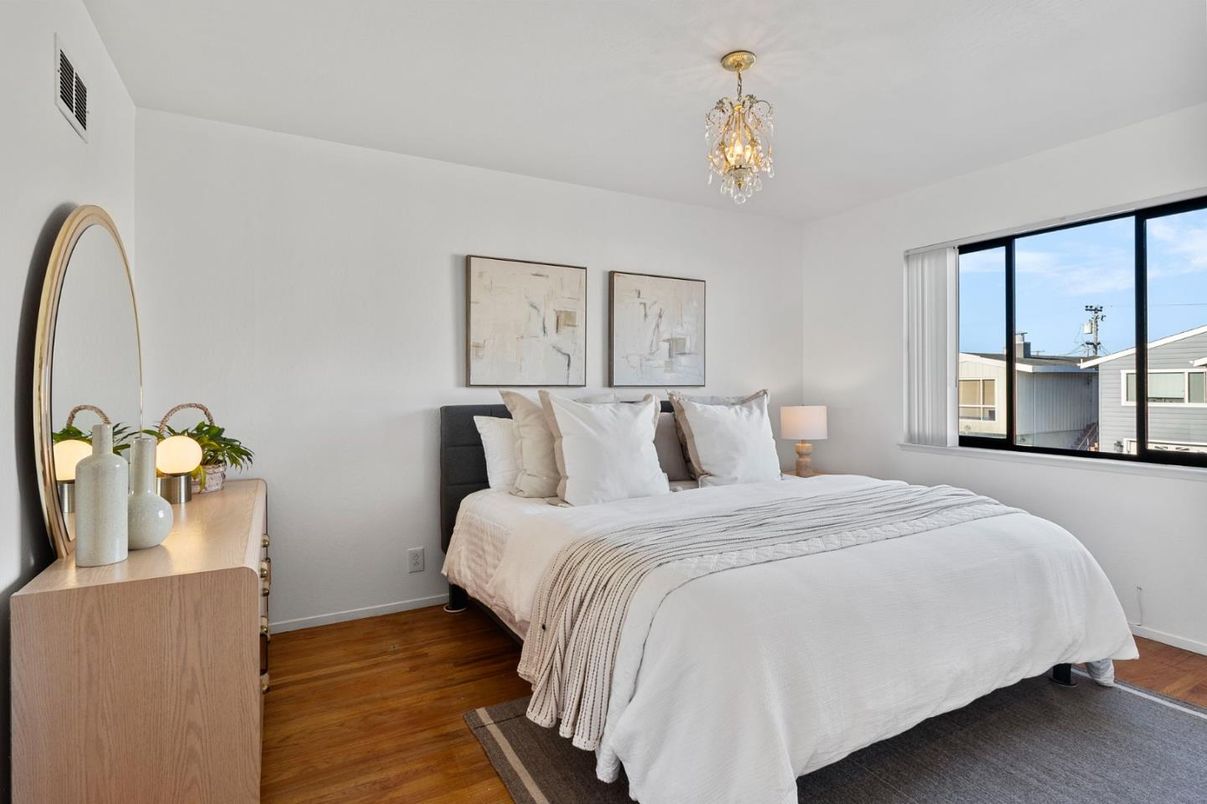 Bedroom, Chandelier, Interior, Wood Texture Flooring