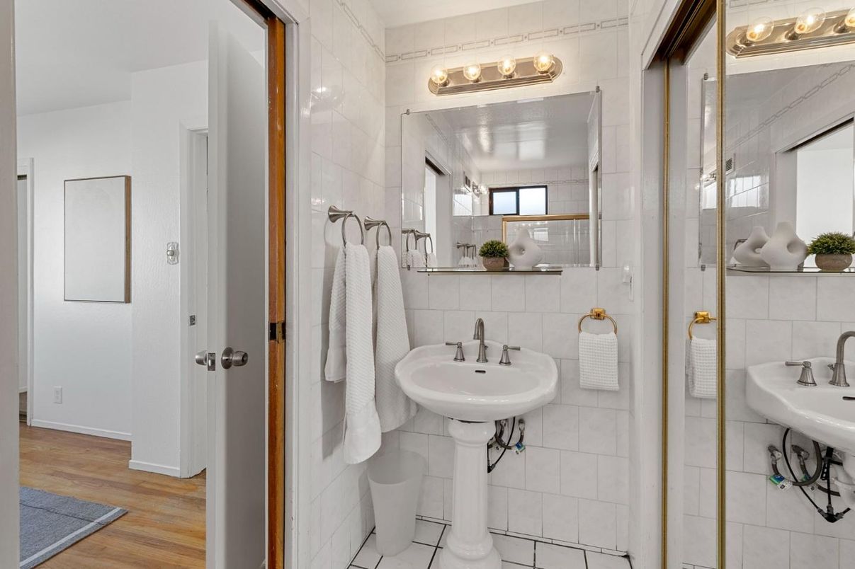 Bathroom, Dual Sink Vanities, Glass Shower, Interior, Wood Texture Flooring