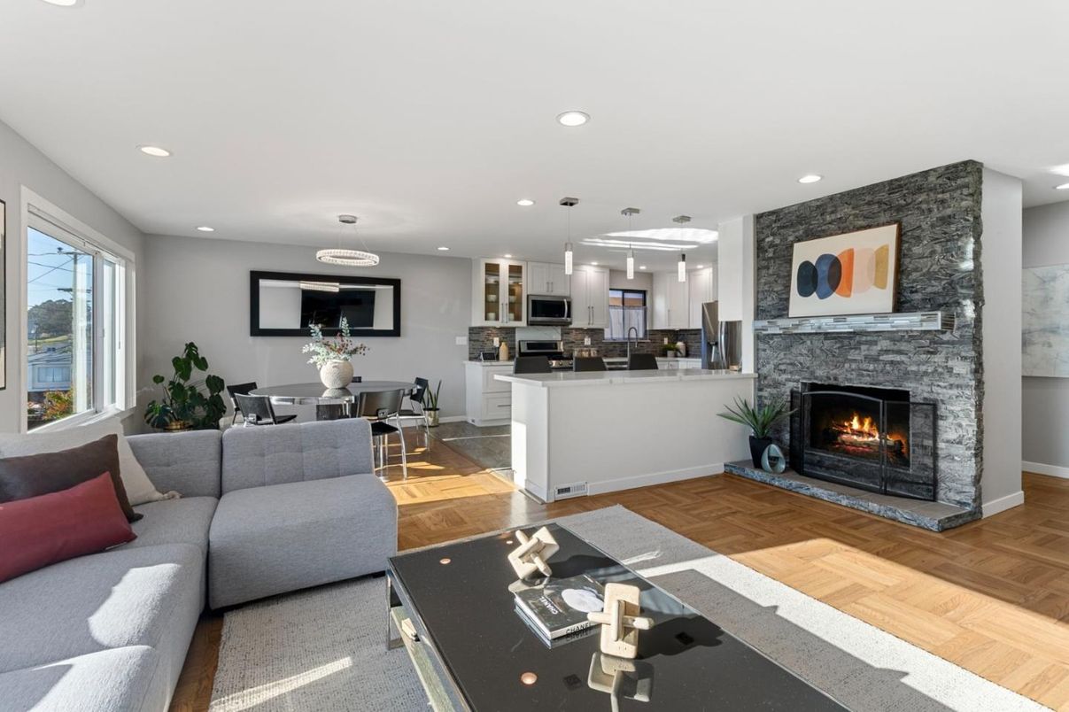 Dining room, Fireplace, Interior, Kitchen, Living room, Pendant Lights, Recessed Lighting, Stainless Steel Appliances, Wood Texture Flooring