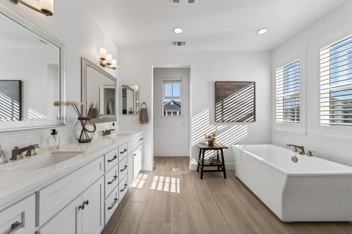 Bathroom, Dual Sink Vanities, Free Standing Baths, Interior, Recessed Lighting, Wood Texture Flooring