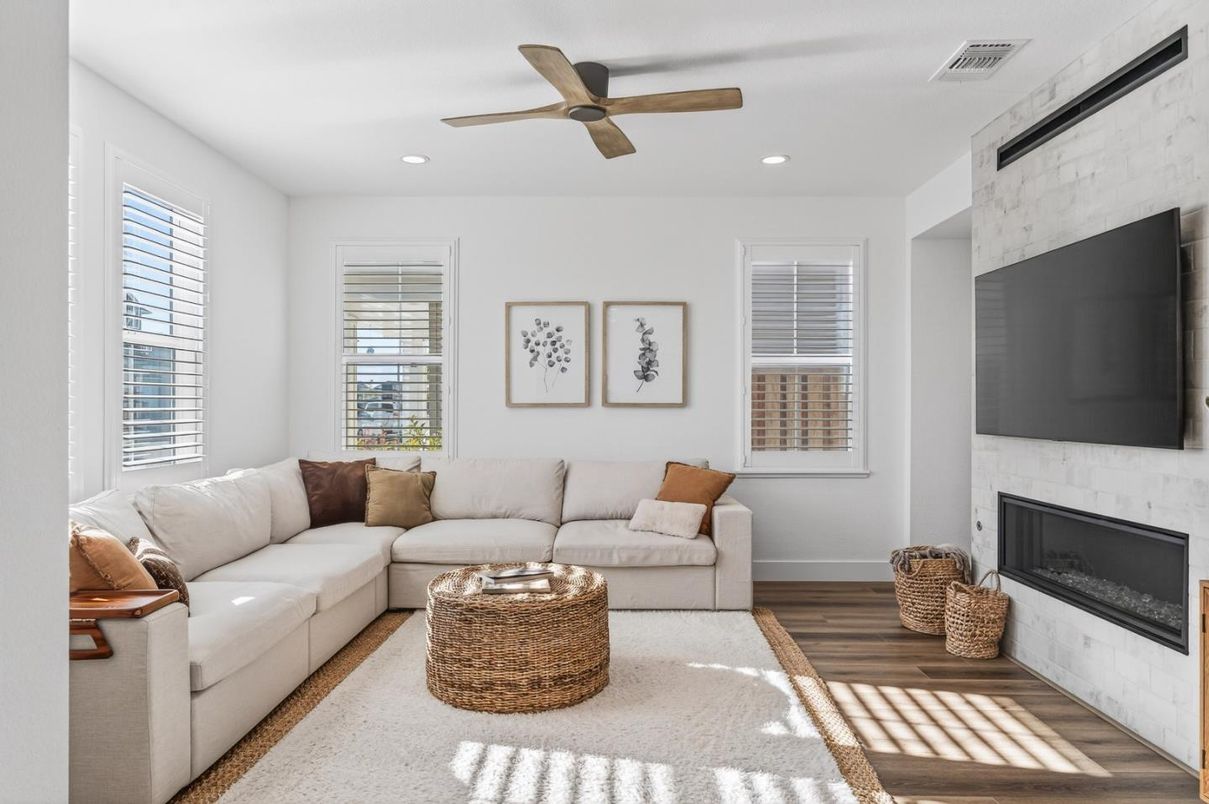 Fireplace, Interior, Living room, Recessed Lighting, Wood Texture Flooring