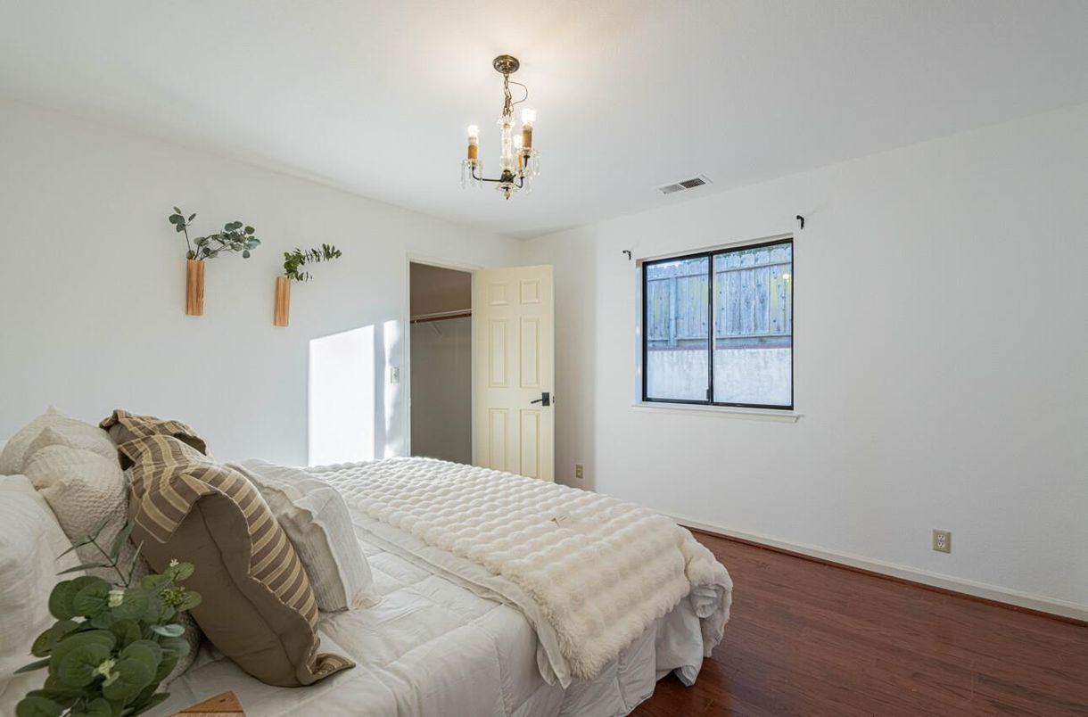 Bedroom, Chandelier, Interior, Wood Texture Flooring