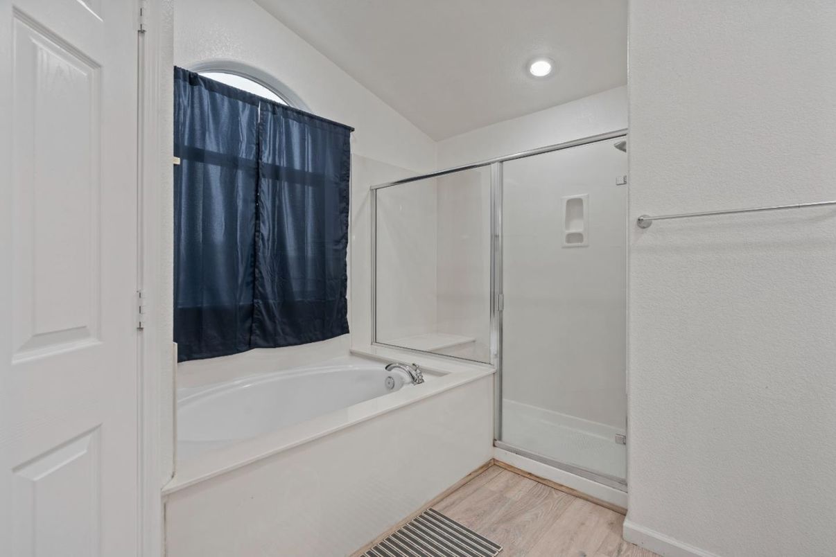 Bathroom, Glass Shower, Interior, Recessed Lighting, Wood Texture Flooring