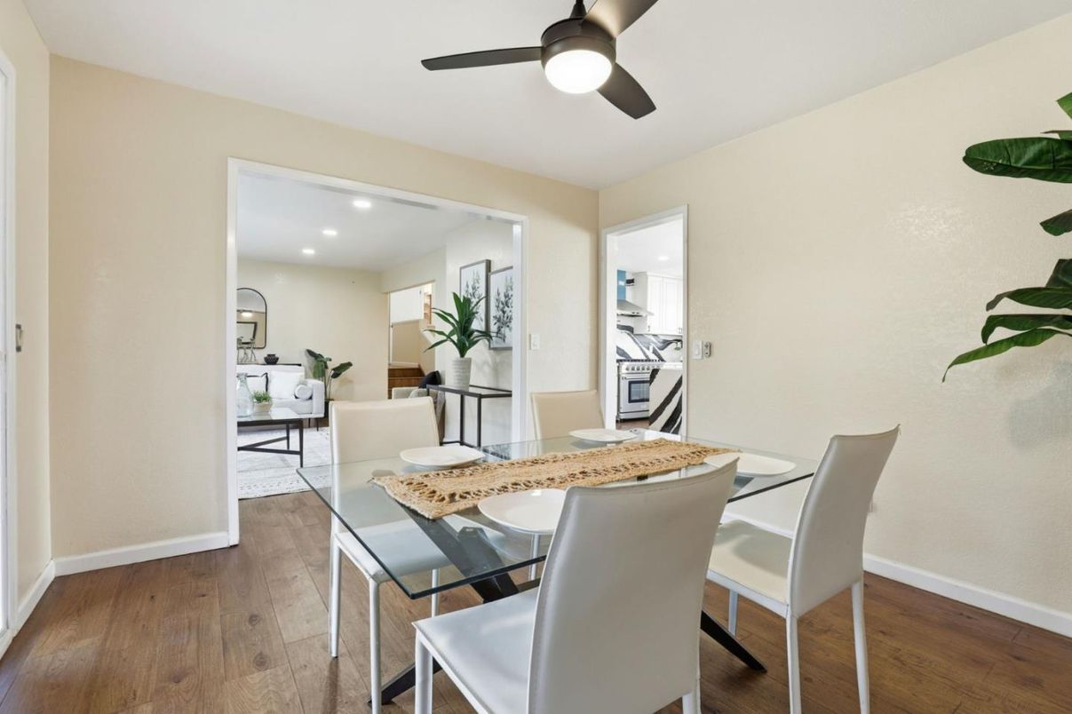 Dining room, Interior, Kitchen, Living room, Recessed Lighting, Wood Texture Flooring