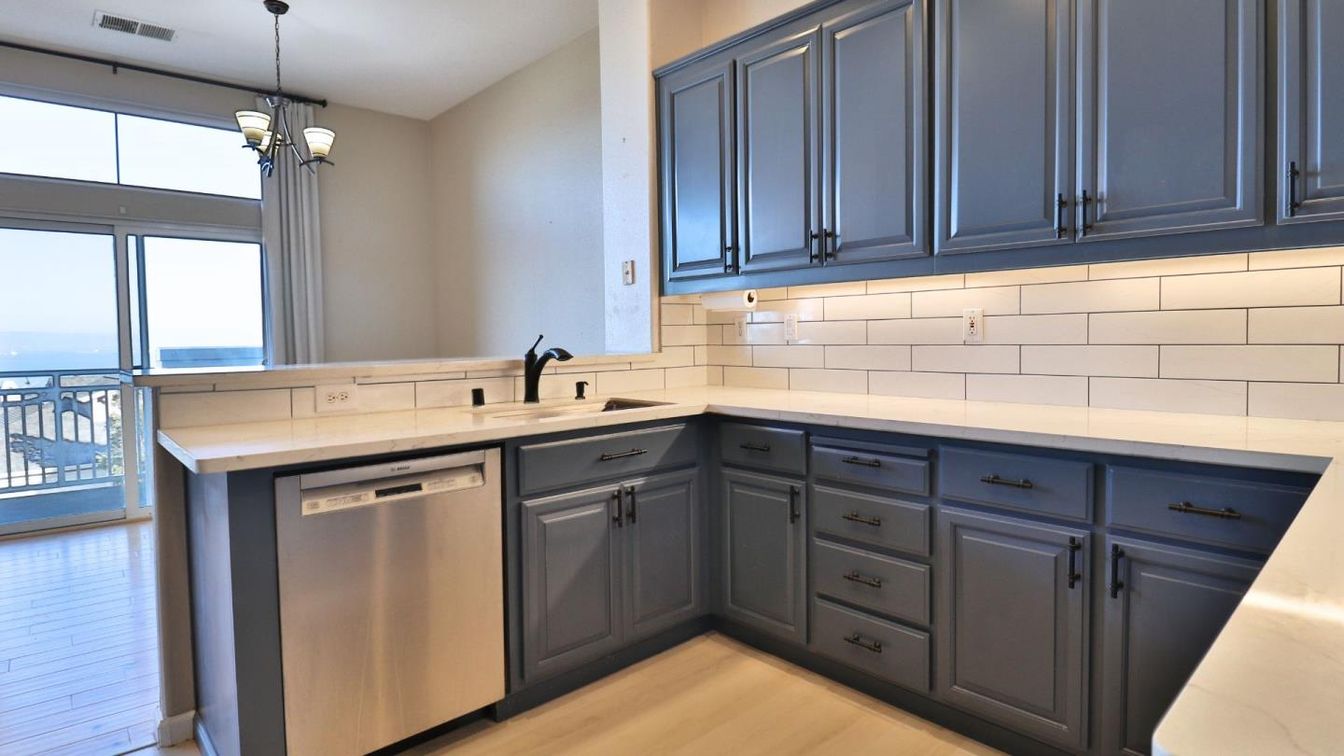 Interior, Kitchen, Pendant Lights, Stainless Steel Appliances, Water, Wood Texture Flooring