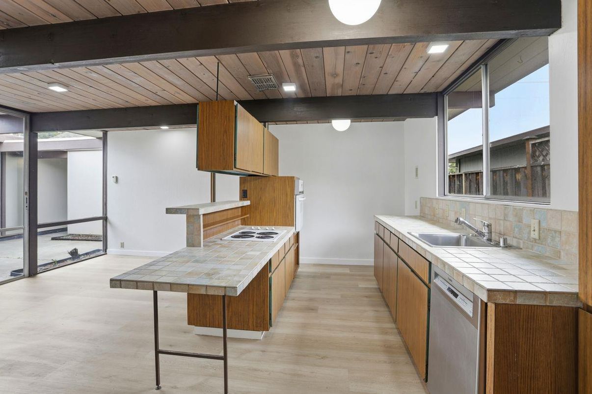 Interior, Kitchen, Recessed Lighting, Tile Countertops, Wooden Beams, Wooden Ceilings, Wood Texture Flooring