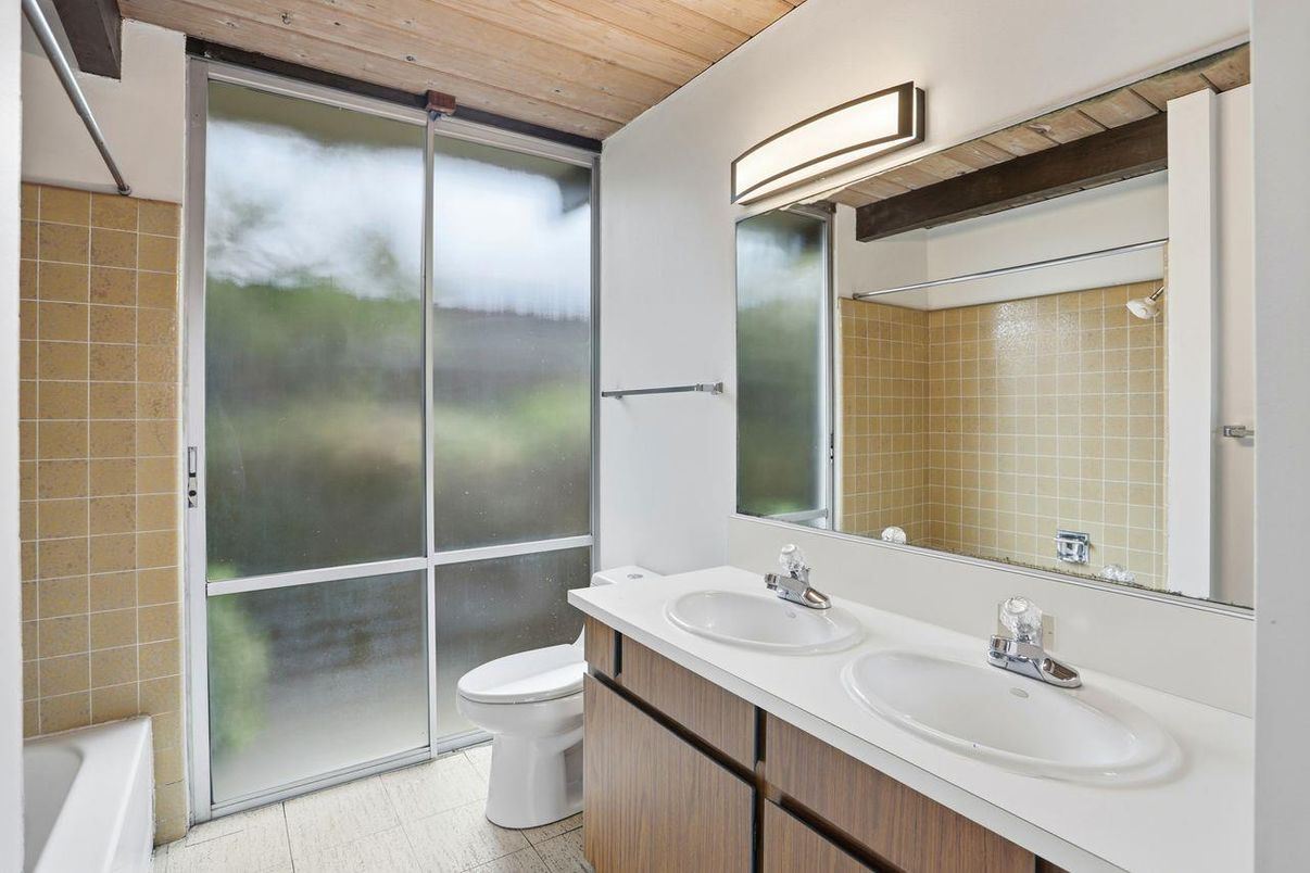 Bathroom, Dual Sink Vanities, Glass Shower, Interior, Wooden Ceilings