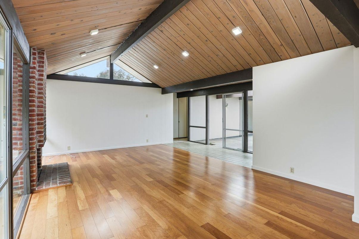 Empty room, Interior, Recessed Lighting, Stone Walls, Wooden Beams, Wooden Ceilings, Wood Texture Flooring
