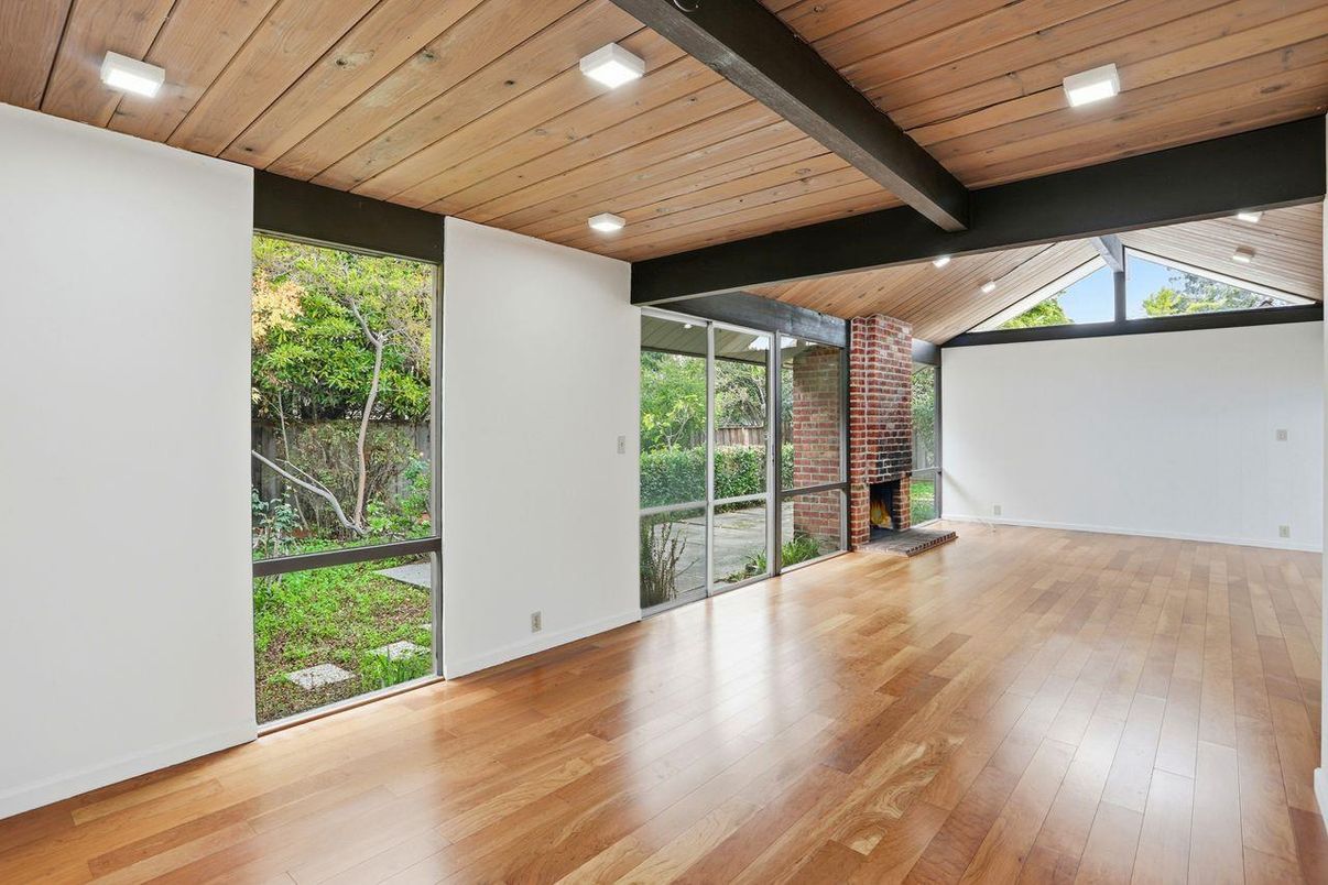 Empty room, Fireplace, Interior, Recessed Lighting, Wooden Beams, Wooden Ceilings, Wood Texture Flooring