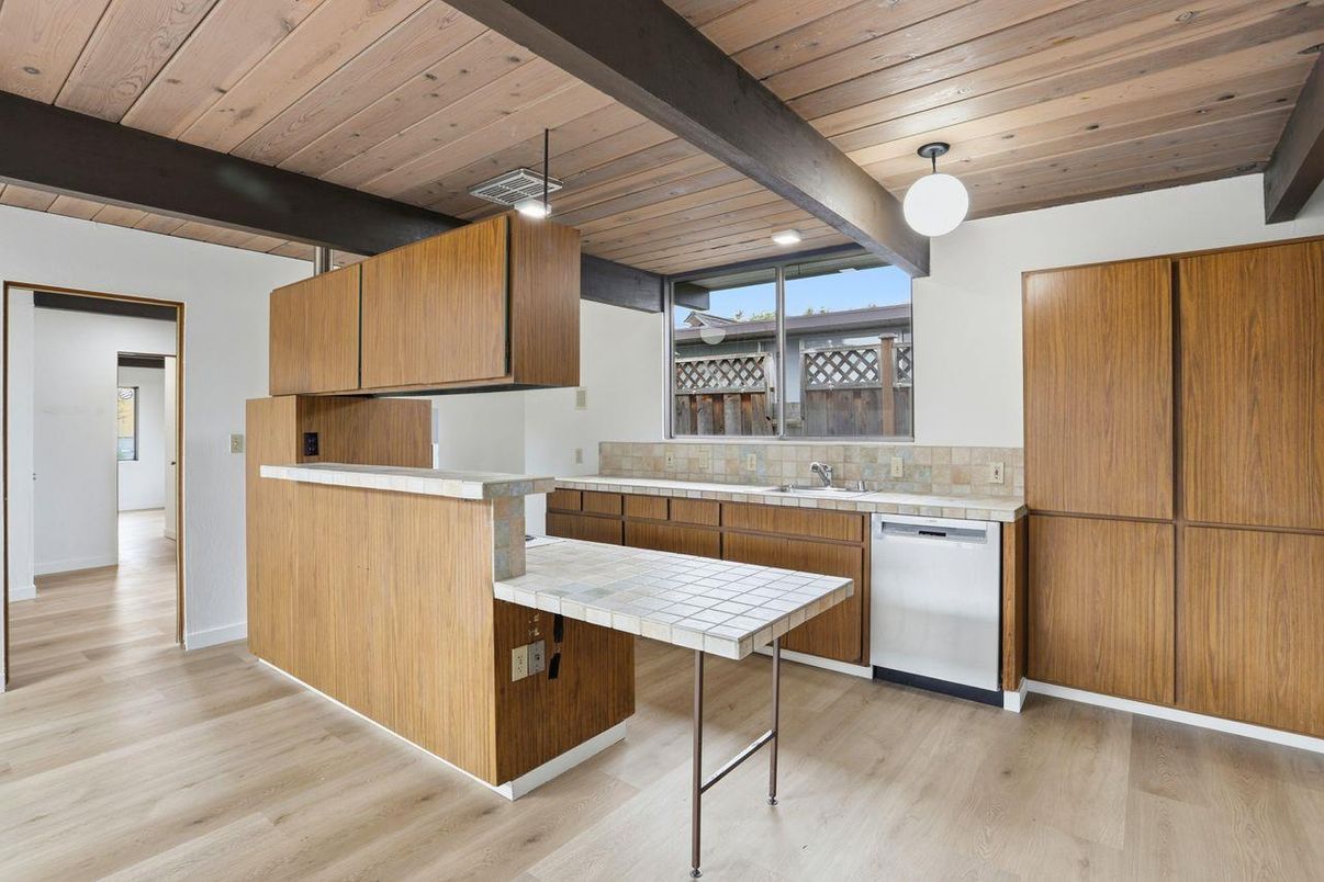 Interior, Kitchen, Tile Countertops, Wooden Beams, Wooden Ceilings, Wood Texture Flooring