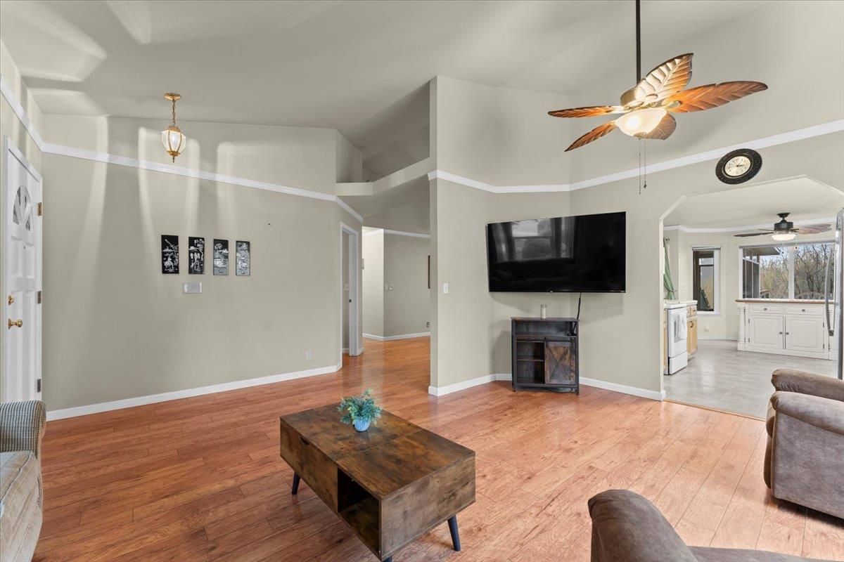 Fireplace, Interior, Living room, Pendant Lights, Wood Texture Flooring