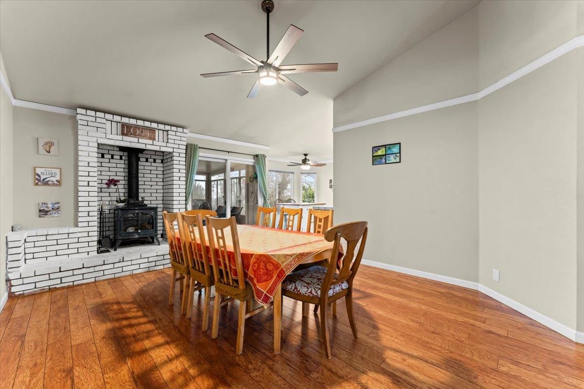 Dining room, Fireplace, Interior, Stone Walls, Wood Texture Flooring
