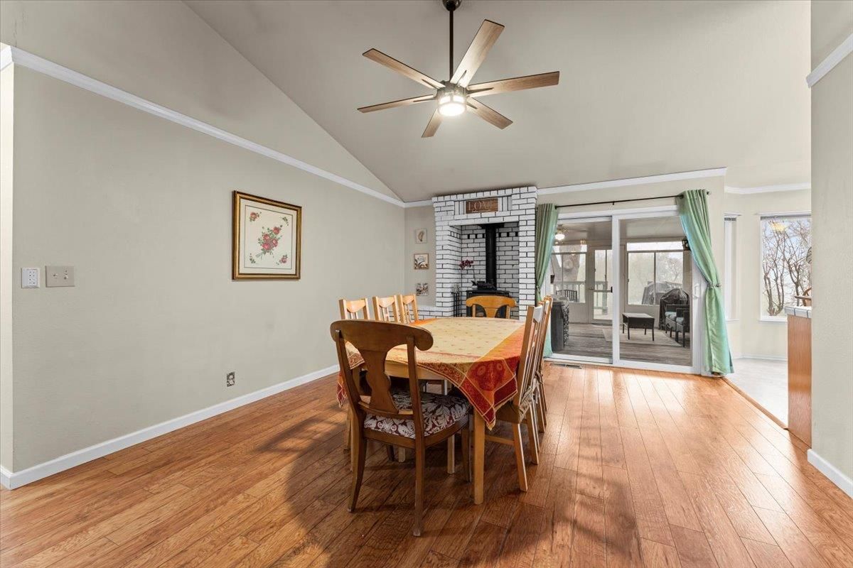 Dining room, Interior, Stone Walls, Wood Texture Flooring