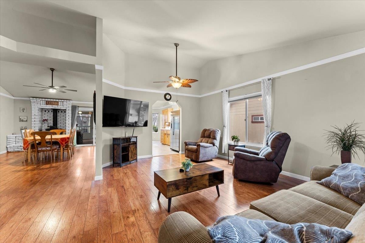 Dining room, Fireplace, Interior, Living room, Stone Walls, Wood Texture Flooring