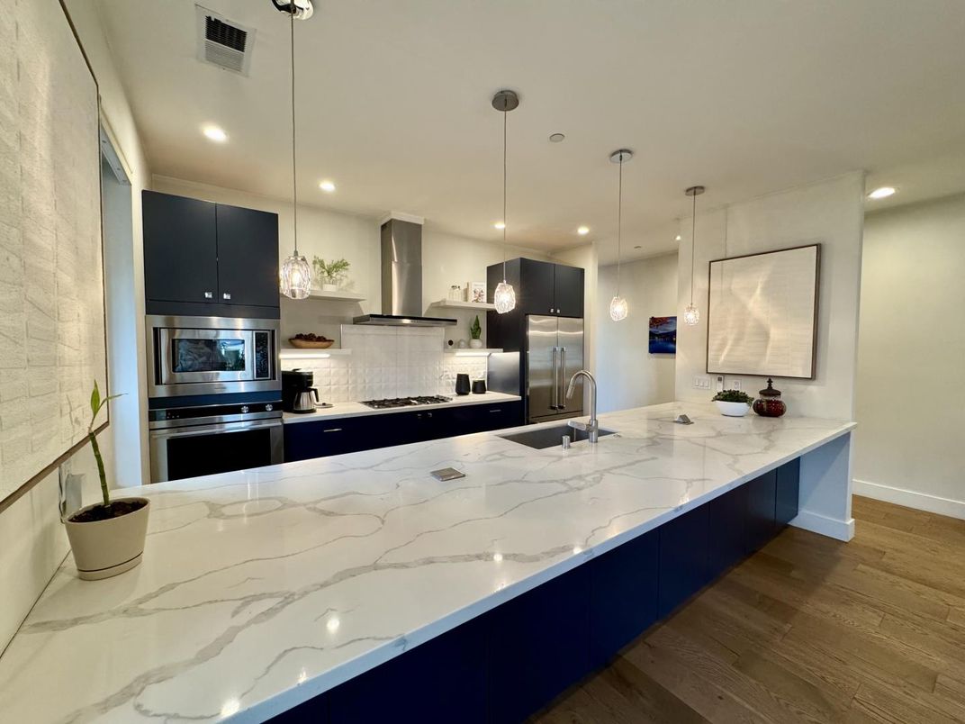 Interior, Kitchen, Pendant Lights, Recessed Lighting, Stainless Steel Appliances, Wood Texture Flooring