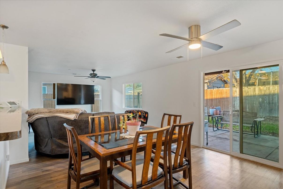 Dining room, Interior, Pendant Lights, Wood Texture Flooring