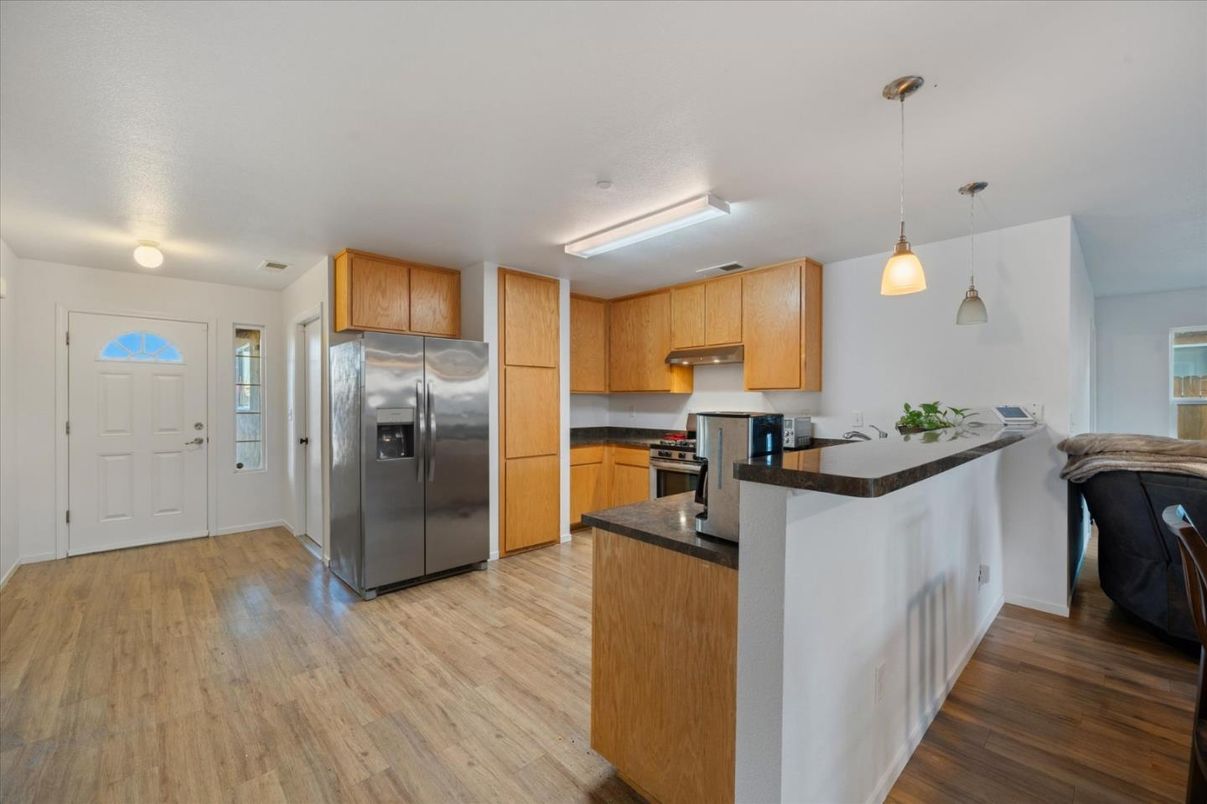 Interior, Kitchen, Pendant Lights, Stainless Steel Appliances, Wood Texture Flooring
