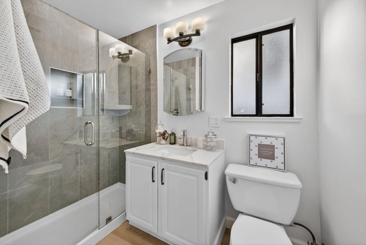 Bathroom, Glass Shower, Interior, Wood Texture Flooring