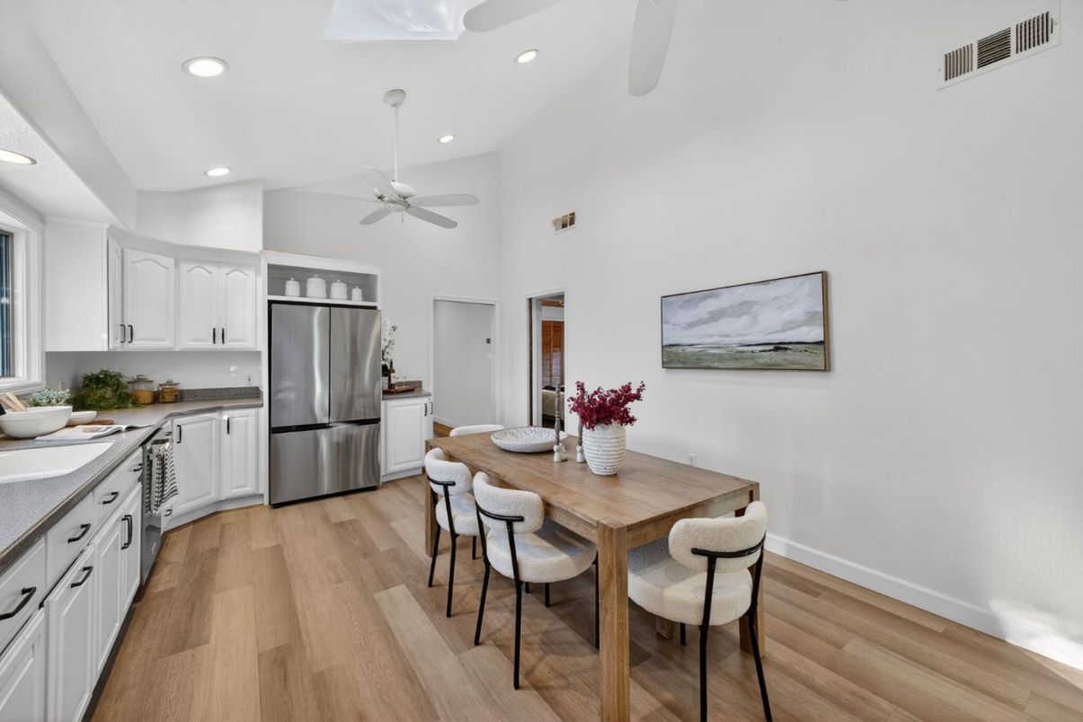 Dining room, Interior, Kitchen, Recessed Lighting, Stainless Steel Appliances, Wood Texture Flooring