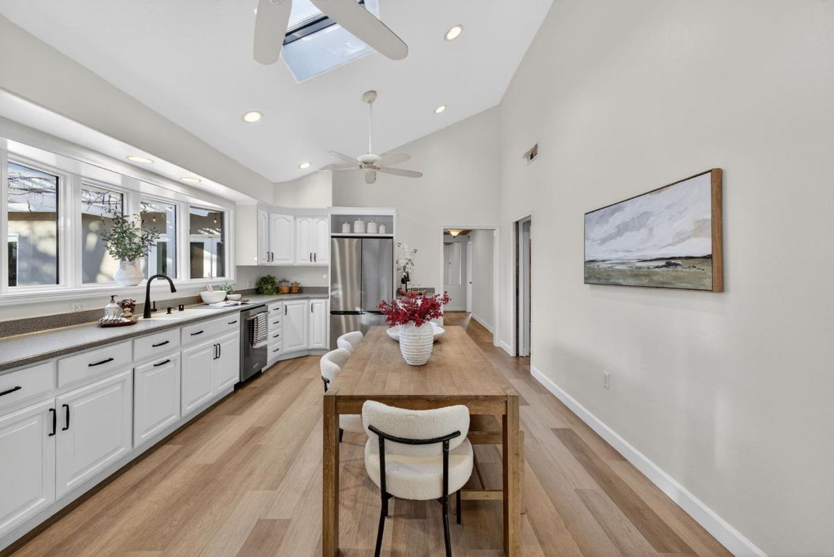 Dining room, Interior, Kitchen, Recessed Lighting, Stainless Steel Appliances, Wood Texture Flooring