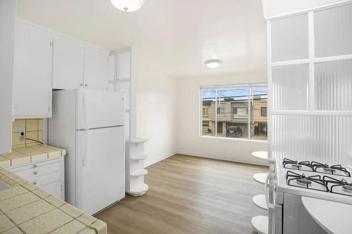 Interior, Kitchen, Tile Countertops, Wood Texture Flooring