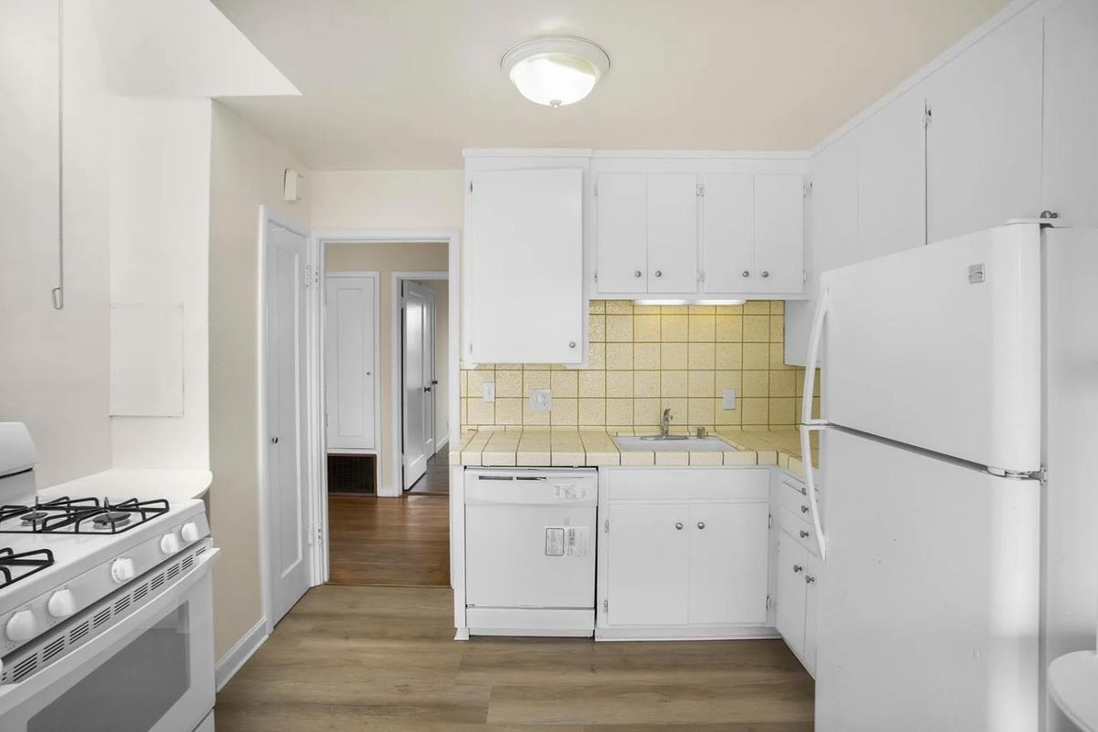 Interior, Kitchen, Tile Countertops, Wood Texture Flooring