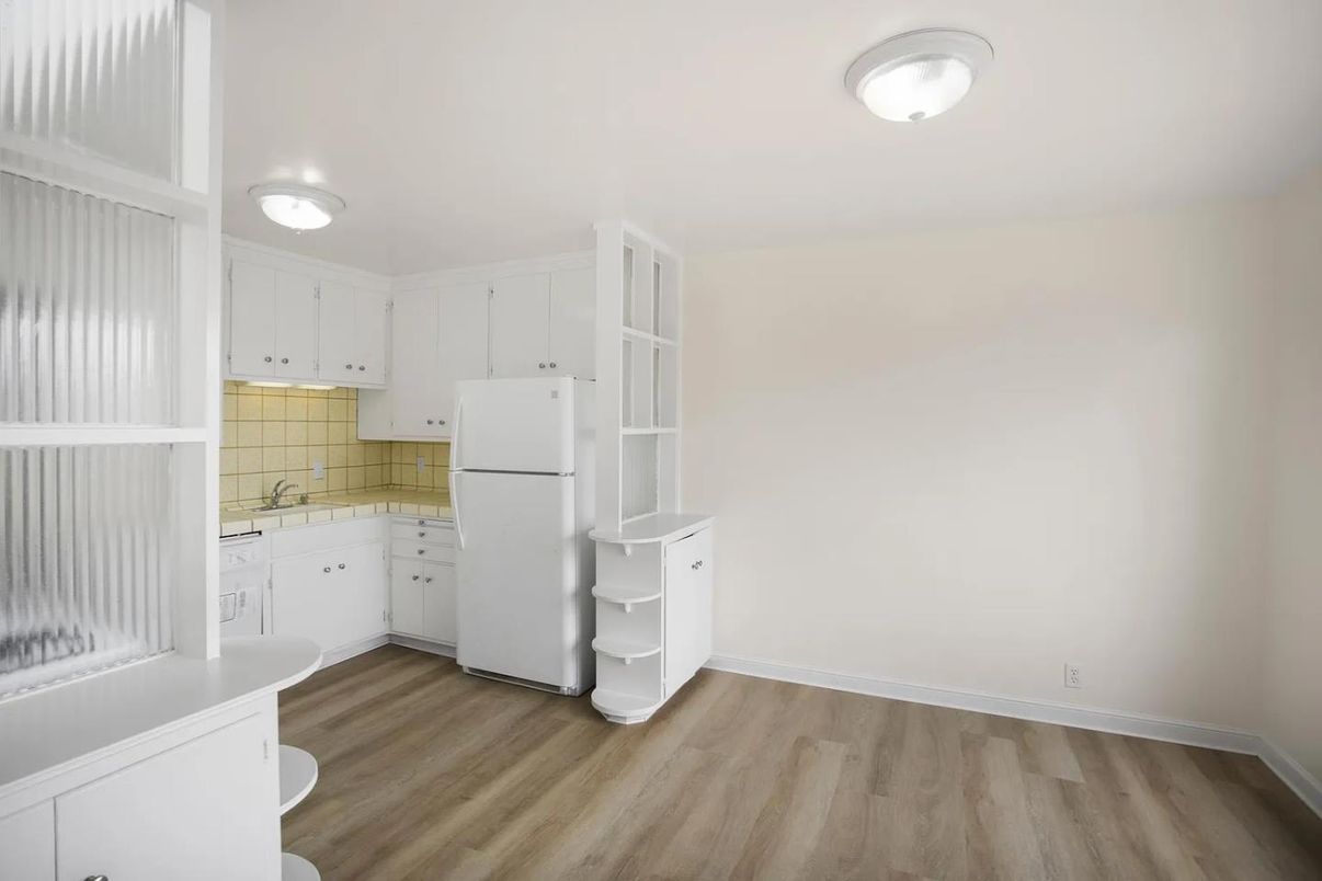 Interior, Kitchen, Tile Countertops, Wood Texture Flooring