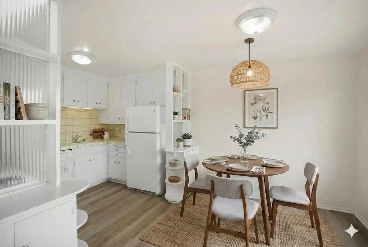 Dining room, Interior, Kitchen, Pendant Lights, Wood Texture Flooring