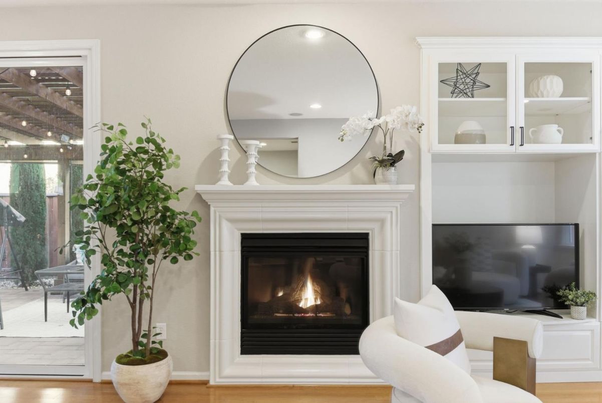 Fireplace, Interior, Recessed Lighting, Wood Texture Flooring