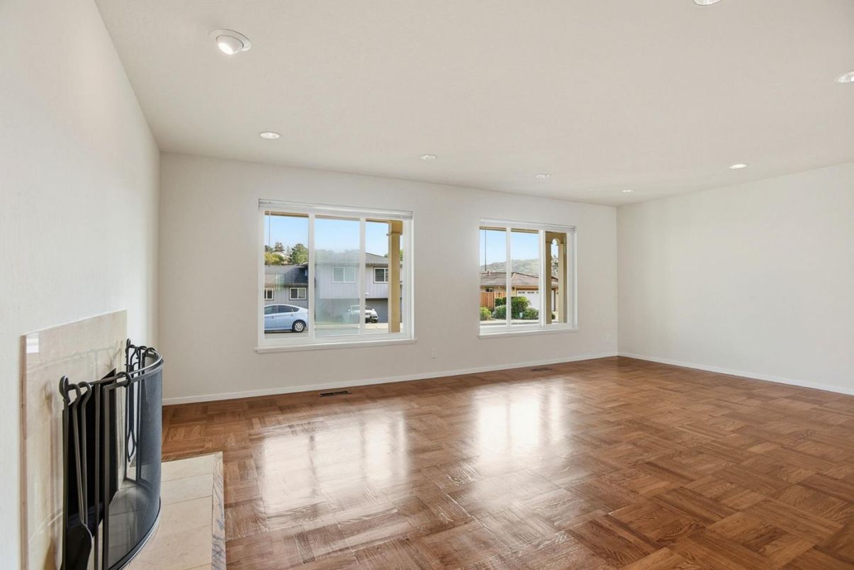 Empty room, Fireplace, Interior, Recessed Lighting, Wood Texture Flooring