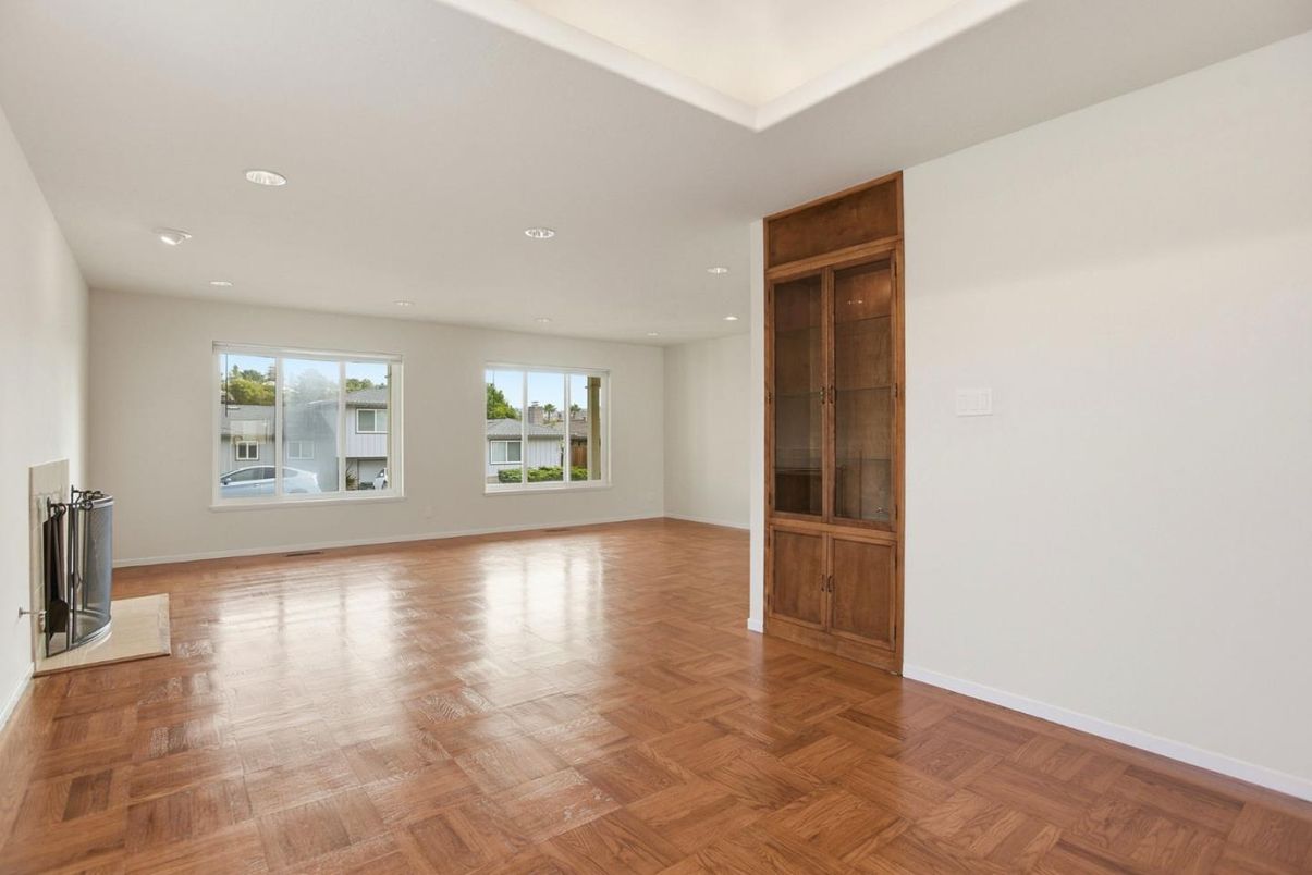 Empty room, Fireplace, Interior, Recessed Lighting, Wood Texture Flooring
