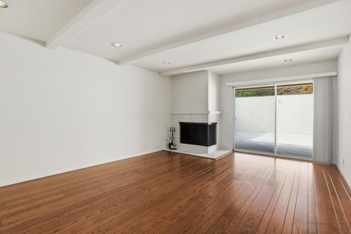 Empty room, Fireplace, Interior, Recessed Lighting, Wood Texture Flooring