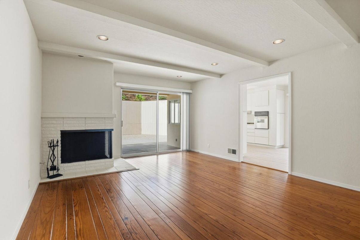 Empty room, Fireplace, Interior, Recessed Lighting, Wood Texture Flooring