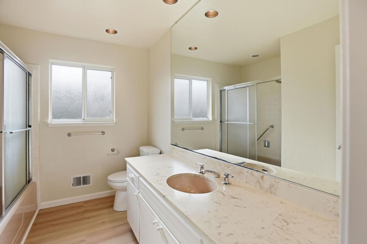 Bathroom, Glass Shower, Interior, Recessed Lighting, Wood Texture Flooring