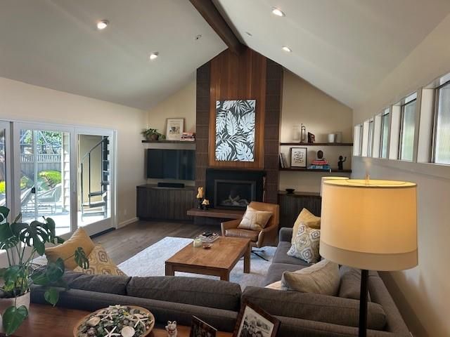 Fireplace, Interior, Living room, Recessed Lighting, Wood Texture Flooring