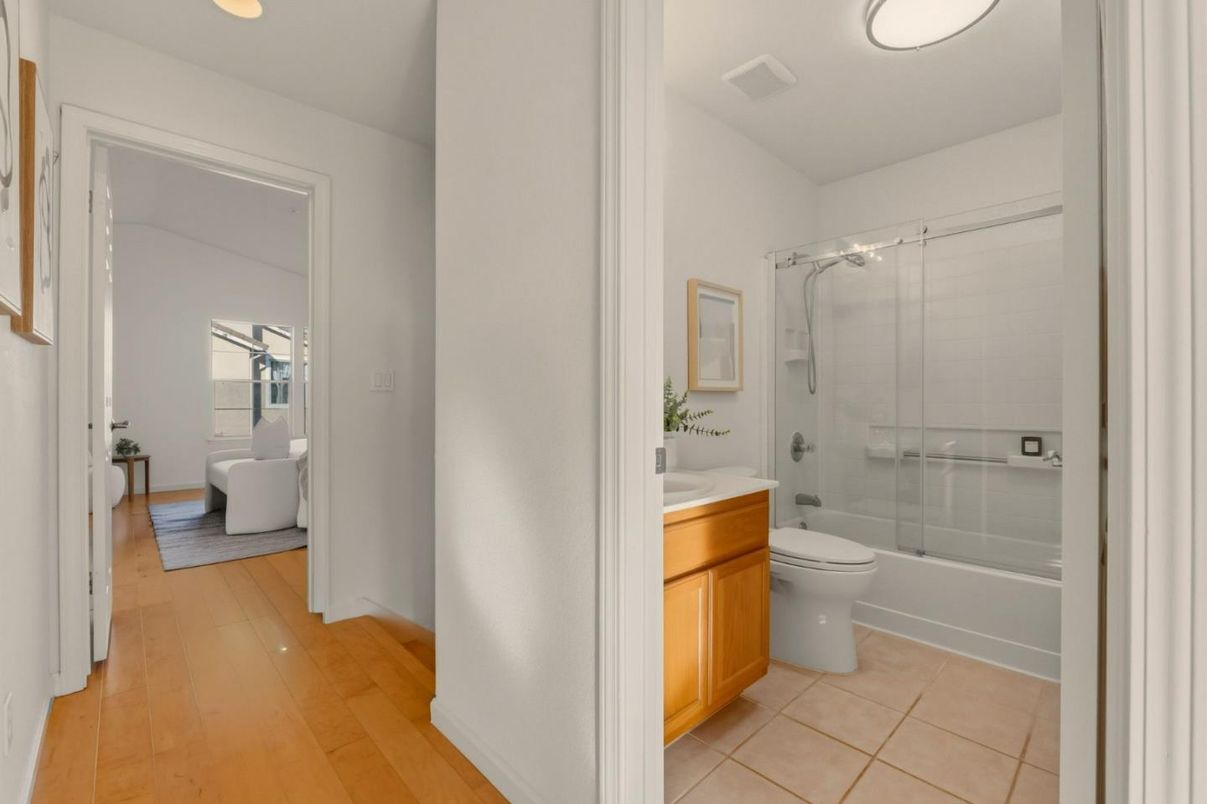 Bathroom, Glass Shower, Interior, Recessed Lighting, Wood Texture Flooring