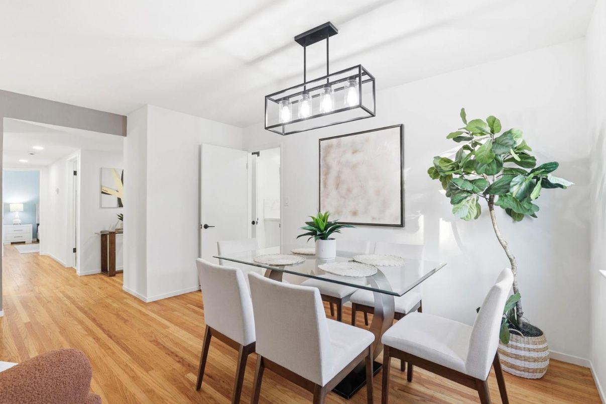 Dining room, Interior, Pendant Lights, Recessed Lighting, Wood Texture Flooring
