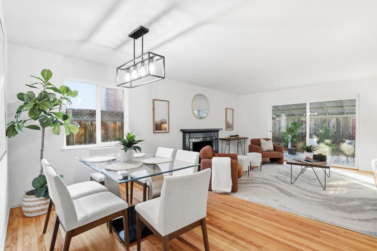 Dining room, Fireplace, Interior, Living room, Pendant Lights, Wood Texture Flooring