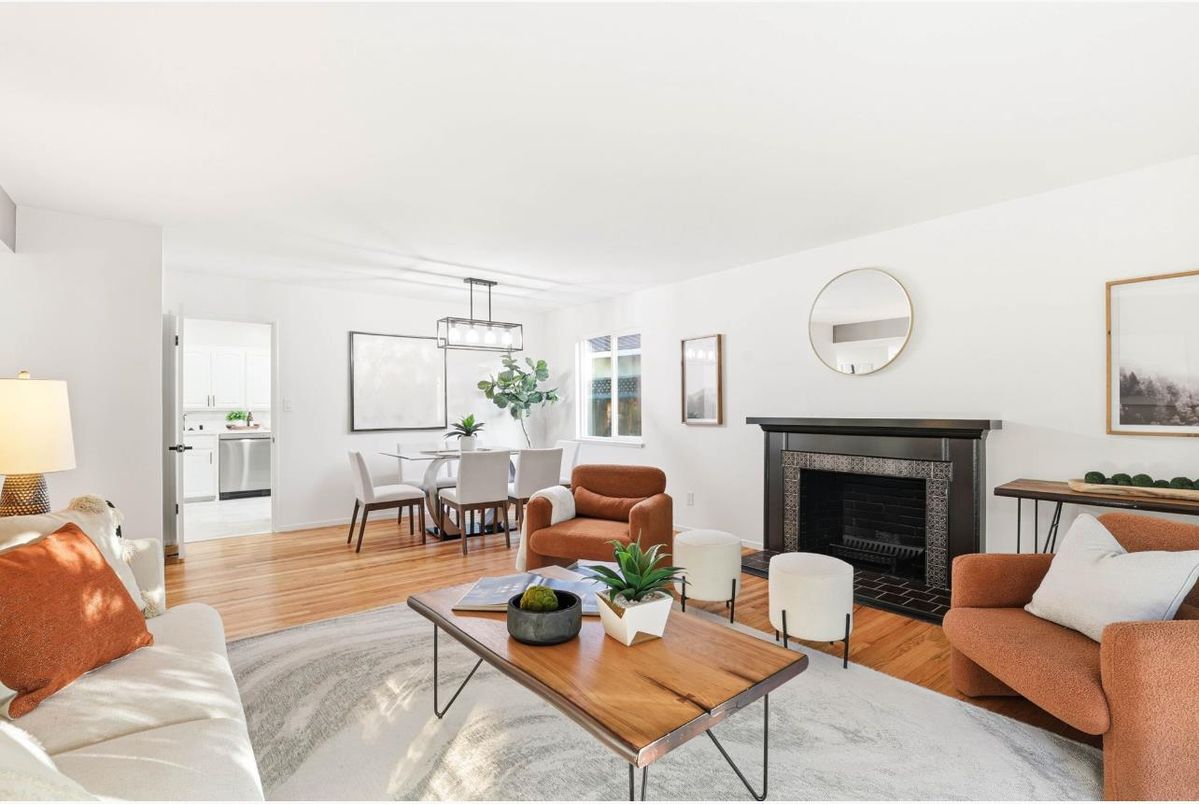 Dining room, Fireplace, Interior, Living room, Pendant Lights, Wood Texture Flooring
