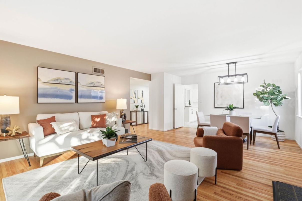 Dining room, Interior, Living room, Pendant Lights, Wood Texture Flooring