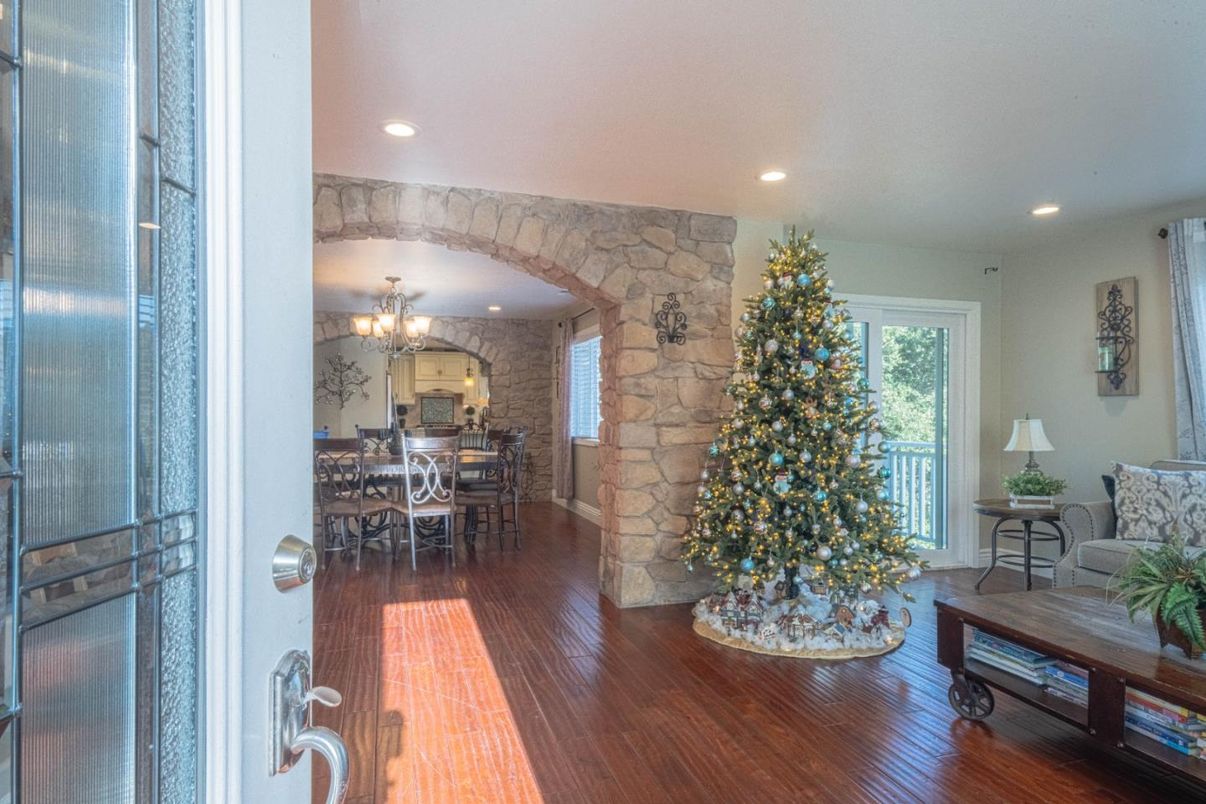 Chandelier, Dining room, Interior, Recessed Lighting, Stone Walls, Wood Texture Flooring