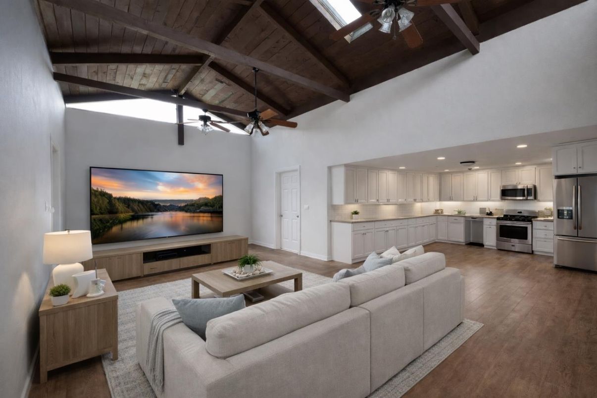 Interior, Kitchen, Living room, Recessed Lighting, Stainless Steel Appliances, Wooden Beams, Wooden Ceilings, Wood Texture Flooring