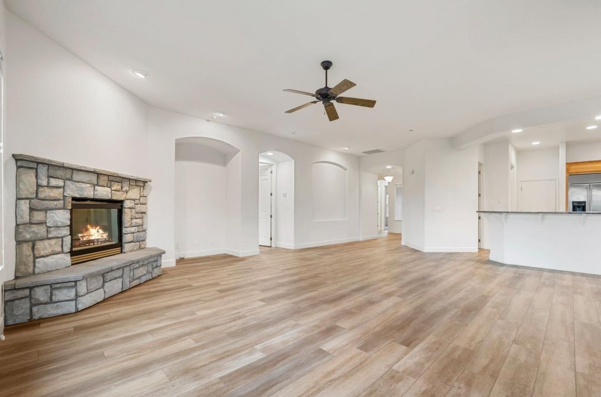 Empty room, Fireplace, Interior, Kitchen, Recessed Lighting, Wood Texture Flooring