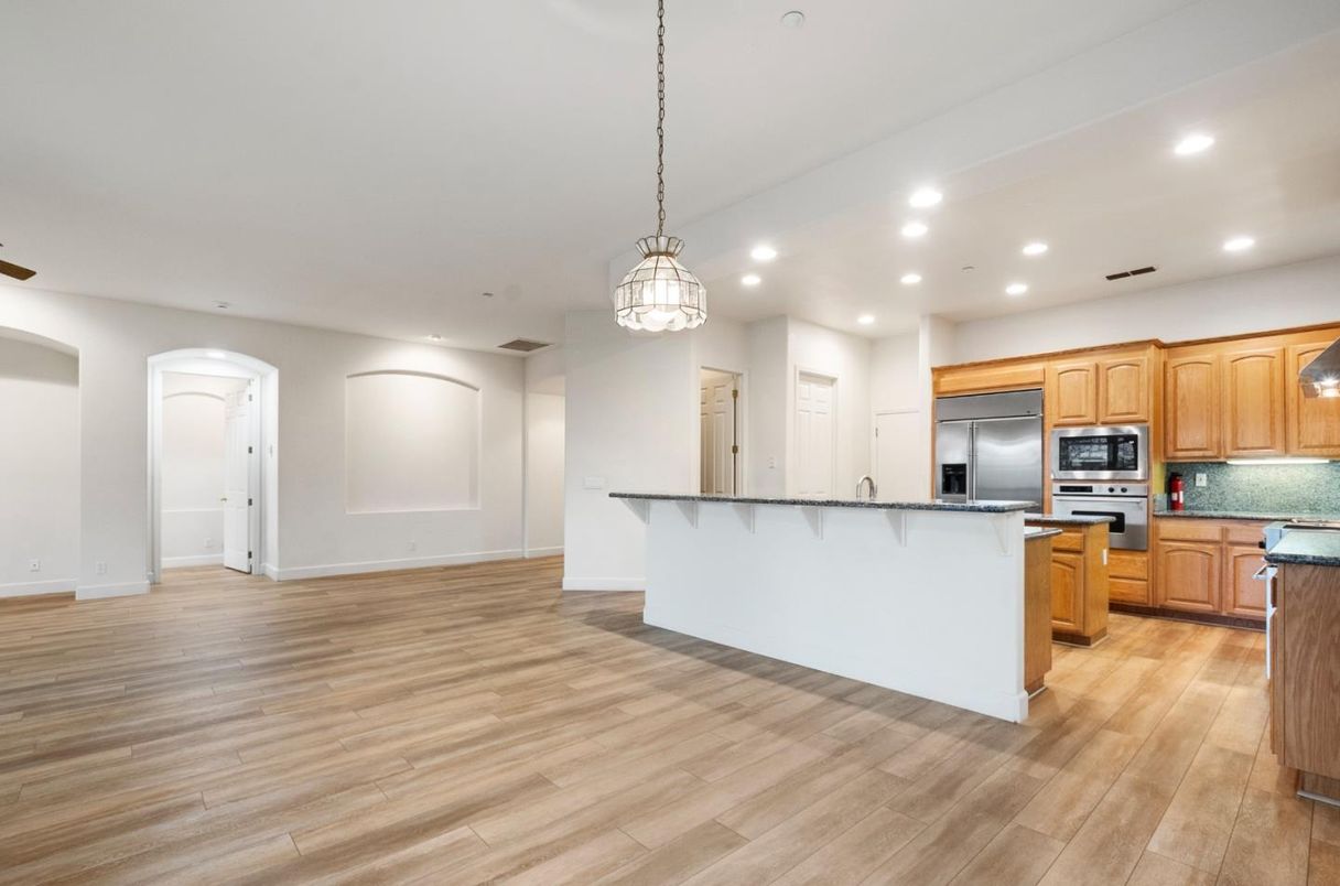 Interior, Kitchen, Pendant Lights, Recessed Lighting, Stainless Steel Appliances, Wood Texture Flooring