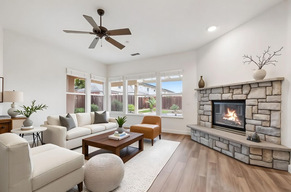 Fireplace, Interior, Living room, Recessed Lighting, Wood Texture Flooring