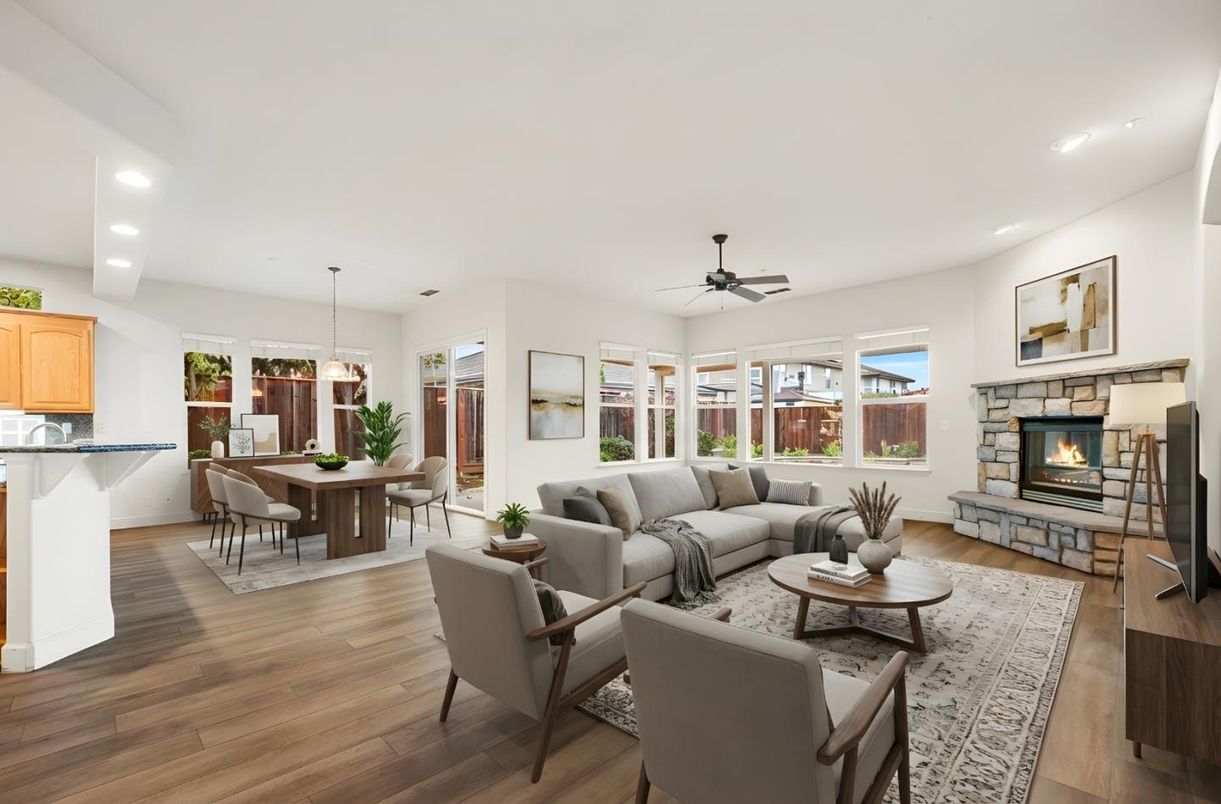 Dining room, Fireplace, Interior, Living room, Pendant Lights, Recessed Lighting, Wood Texture Flooring