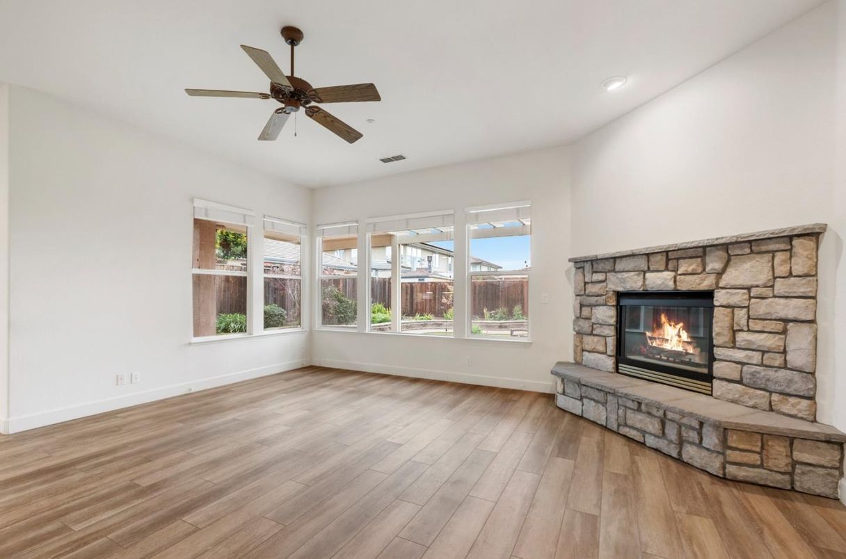 Empty room, Fireplace, Interior, Recessed Lighting, Wood Texture Flooring