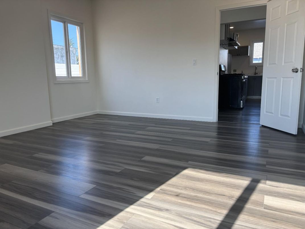Empty room, Interior, Kitchen, Recessed Lighting, Wood Texture Flooring